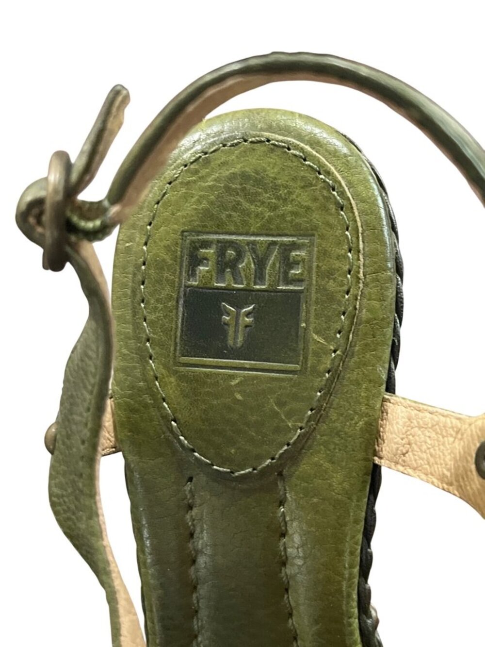 Frye Women Size 6.5 Dara Canvas Leather High Heel Sandals Wood-Heel Green Orange - Picture 7 of 10